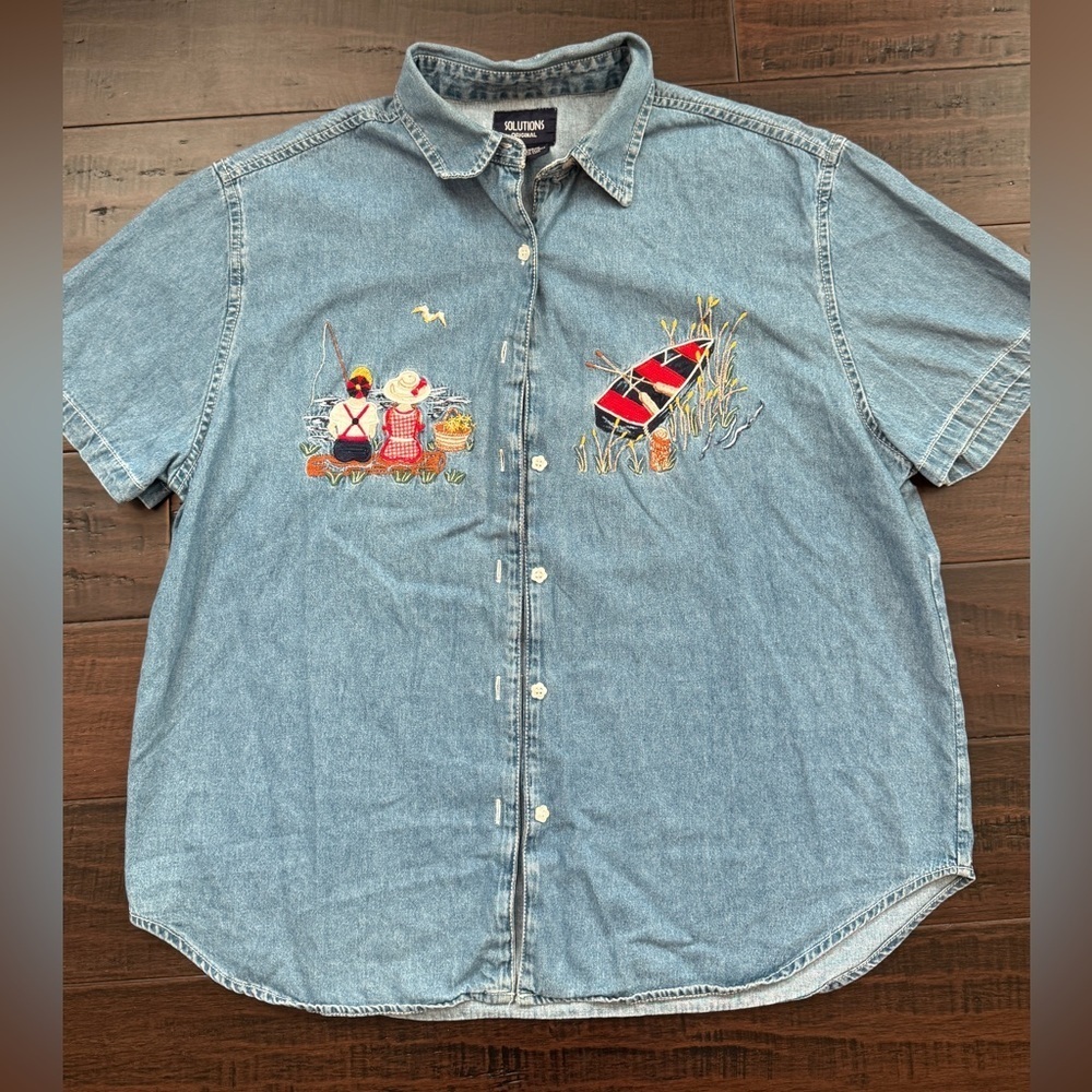 Solutions Denim Embroidered Fishing Boat Shirt Coastal Granny Blue Size L
